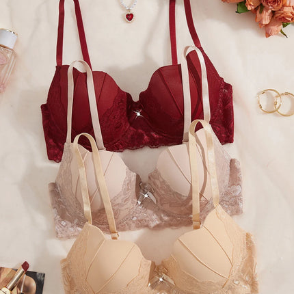 3PCS/Set Women's Floral Lace Bra Set French Underwear Comfortable Push up Bra Intimates Lingerie with Rhinestone Bow