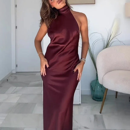 Foridol Halter Satin Dress Women Sexy Backless Burgundy summer spring Dress Elegant Maxi Long Party Dress Christmas Vestidos