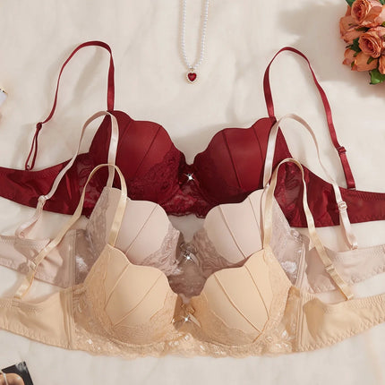 3PCS/Set Women's Floral Lace Bra Set French Underwear Comfortable Push up Bra Intimates Lingerie with Rhinestone Bow