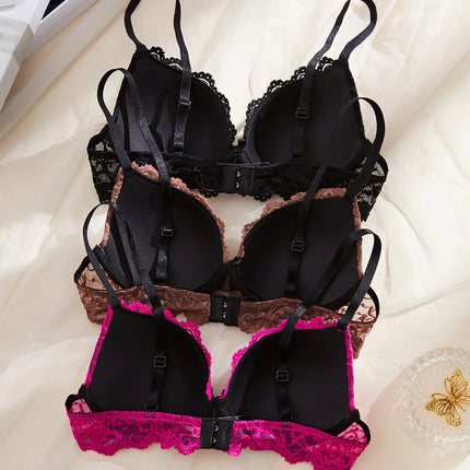 3PCS Daily Lace Trim Women's Underwear Set Rhinestone Push up Bra wite Underwire Soft & Stylish Female Slim Bra