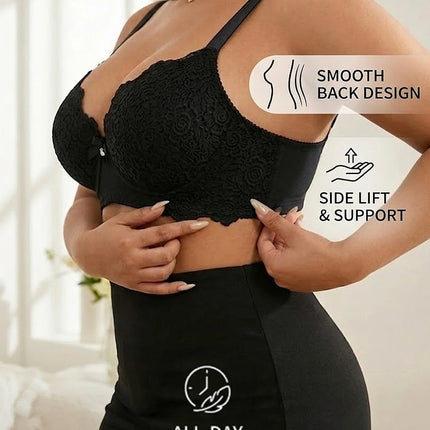 Plus Size Floral Lace Women Push-Up Bra Underwire Support Anti-Sagging Underwear Comfy Wide Straps Thin Cup Daily Lingerie Bra