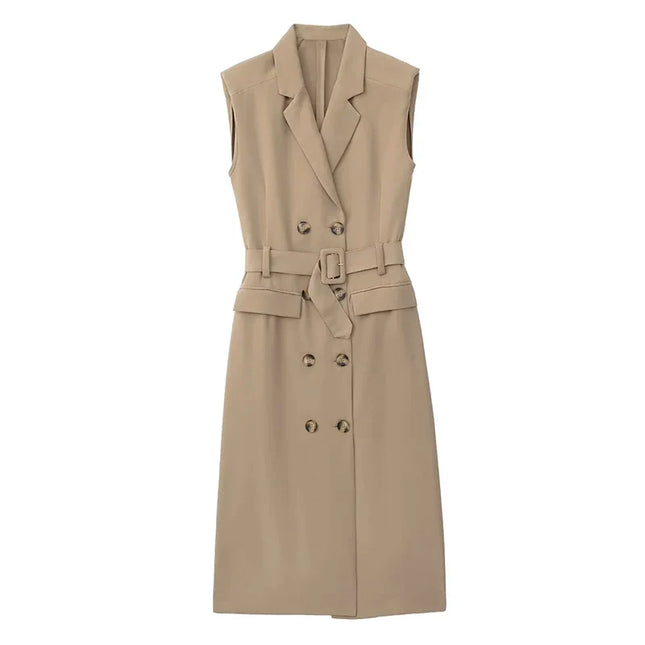 Foridol Khaki Double Breasted Sleeveless Office Windbreaker Style Dress Turn Down Collar Lady Elegenta Vintage Belt New Vestidos