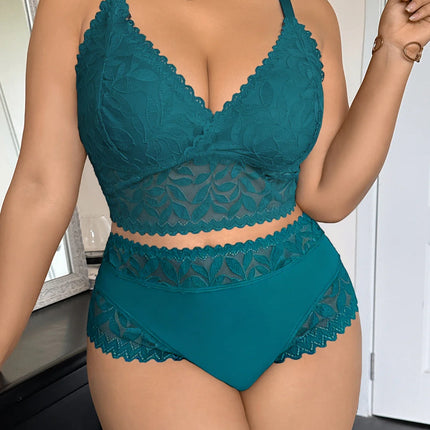 Women's Plus Size Sexy Lingerie Set Lace Floral Mesh Unlined Wireless Bra Breathable Sexy Lace Trim Panties 1Xl-4Xl