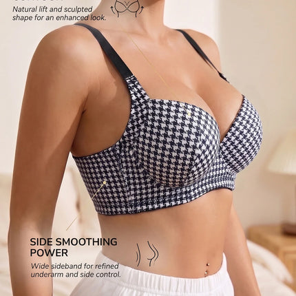 Women's Houndstooth Print Push-Up Bra Wide Elastic Straps Underwear Underwire Side Smoothing & Supportive Bra Women