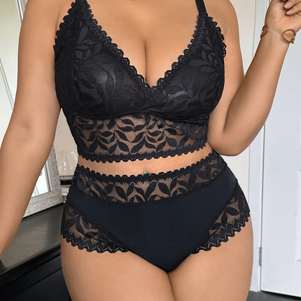 Women's Plus Size Sexy Lingerie Set Lace Floral Mesh Unlined Wireless Bra Breathable Sexy Lace Trim Panties 1Xl-4Xl