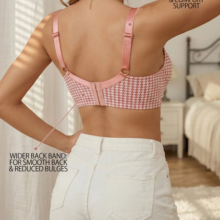 Women's Houndstooth Print Push-Up Bra Wide Elastic Straps Underwear Underwire Side Smoothing & Supportive Bra Women
