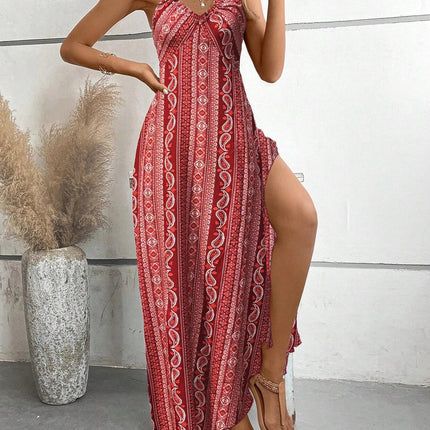 Women's Summer Ethnic Pattern Backless Split Thigh Dress Ladies Summer Clothes Boho Fashion Frill Trim Long Dress for Beach