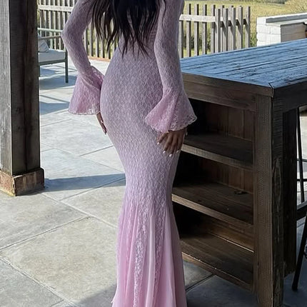 Elegant French Style Pink Long Dress Women Lace Long Sleeved Dress Evening Gown Party Wedding Dress up Lady Spring Summer Outfit