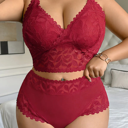 Women's Plus Size Sexy Lingerie Set Lace Floral Mesh Unlined Wireless Bra Breathable Sexy Lace Trim Panties 1Xl-4Xl