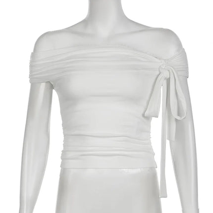 Korean Style Solid Color Women's Top Casual Slash neck Crop Top Fahionable Slim Fit White Tee Lady Summer Night Out Dress up
