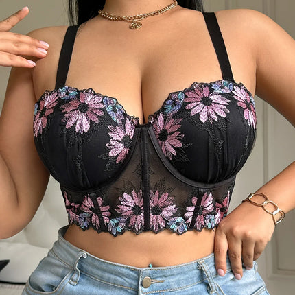 Plus Size Women Bra Floral Lace Patchwork Embroidery Thin Cup Push up Bra Comfortable Underwire Shapewear Bra for Women