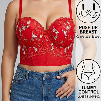 Women's Floral Embroidery Lace Push Up Bra With Underwire Longline Shaping Side Support Minimizer Comfortable Bra