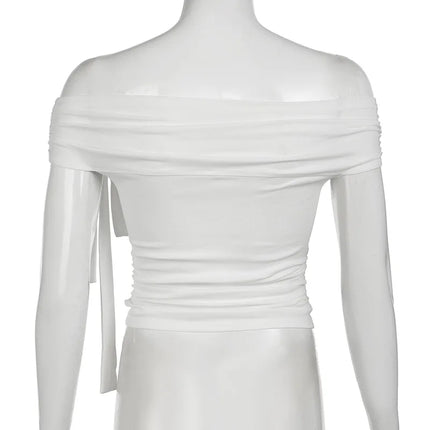 Korean Style Solid Color Women's Top Casual Slash neck Crop Top Fahionable Slim Fit White Tee Lady Summer Night Out Dress up
