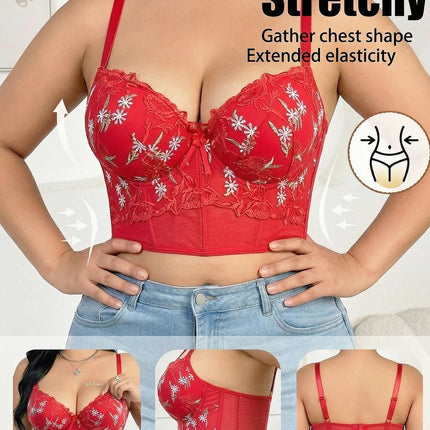 Women's Floral Embroidery Lace Push Up Bra With Underwire Longline Shaping Side Support Minimizer Comfortable Bra