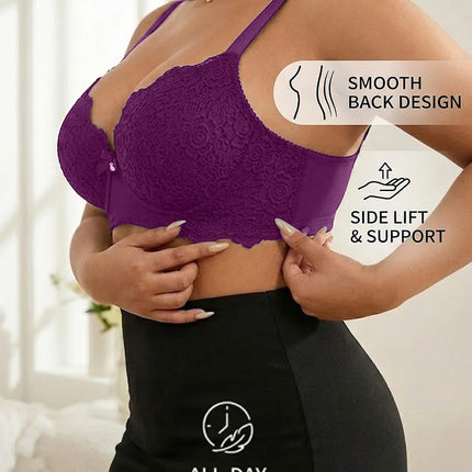 Plus Size Floral Lace Women Push-Up Bra Underwire Support Anti-Sagging Underwear Comfy Wide Straps Thin Cup Daily Lingerie Bra
