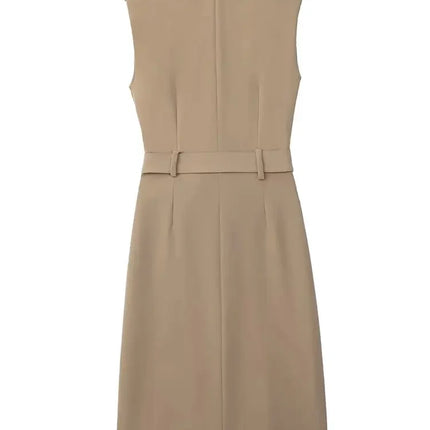 Foridol Khaki Double Breasted Sleeveless Office Windbreaker Style Dress Turn Down Collar Lady Elegenta Vintage Belt New Vestidos