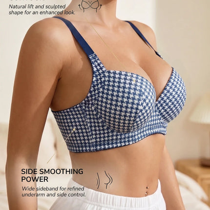 Women's Houndstooth Print Push-Up Bra Wide Elastic Straps Underwear Underwire Side Smoothing & Supportive Bra Women