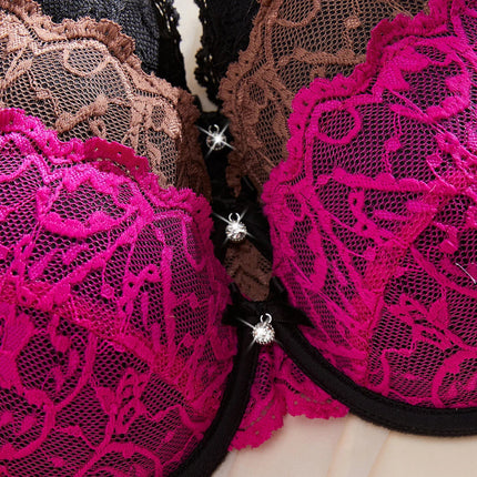 3PCS Daily Lace Trim Women's Underwear Set Rhinestone Push up Bra wite Underwire Soft & Stylish Female Slim Bra