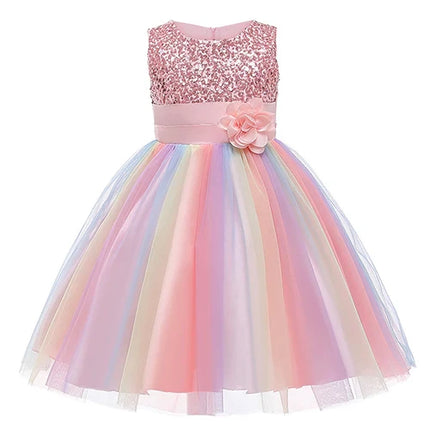 Sequins Girls Dress Summer Flower Fashion Rainbow Mesh Little Princess Dresses
