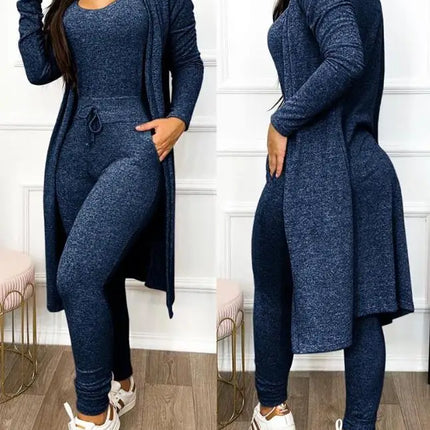 Two Piece Set Women Outfit 2023 Spring Fashion Drawstring Pocket Design U-Neck Sleeveless Skinny Jumpsuit & Long Sleeve Coat Set