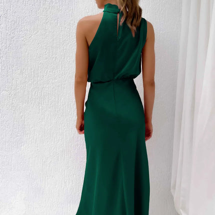 Foridol One Shoulder Turtleneck Tank Satin Women Party Dress Robe Zip Sleeveless Elegant Vintage Folds Women Clothing 2025