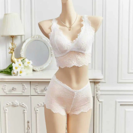 Women's Sheer White Floral Lace Sexy Lingerie Set Eyelash Lace Patchwork Wireless Bra Camisole Breathable Women's Underwear Bra