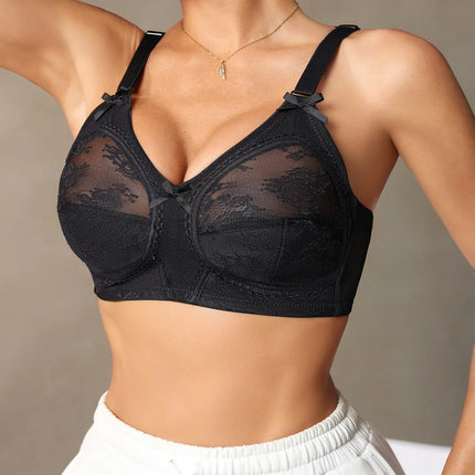 Full Cup Lace Women Bra Wireless Push up Bra Wide Strap Bow Comfy Unlined Mesh Lingerie Underwear