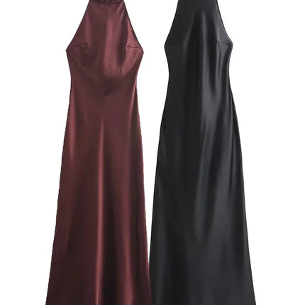 Foridol Halter Satin Dress Women Sexy Backless Burgundy summer spring Dress Elegant Maxi Long Party Dress Christmas Vestidos