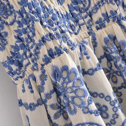 Blue Floral Embroidey Summer Beach Dress Women Casual Holiday Bohemian Dress Boho Sundress Maxi Long Vestidos Fashion Clothes