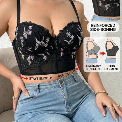 Women's Floral Embroidery Lace Push Up Bra With Underwire Longline Shaping Side Support Minimizer Comfortable Bra