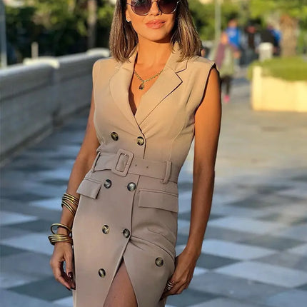 Foridol Khaki Double Breasted Sleeveless Office Windbreaker Style Dress Turn Down Collar Lady Elegenta Vintage Belt New Vestidos