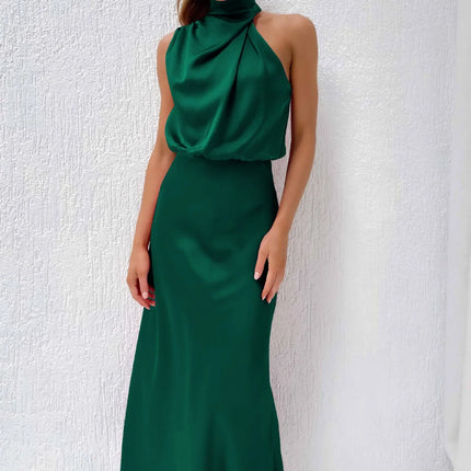 Foridol One Shoulder Turtleneck Tank Satin Women Party Dress Robe Zip Sleeveless Elegant Vintage Folds Women Clothing 2025