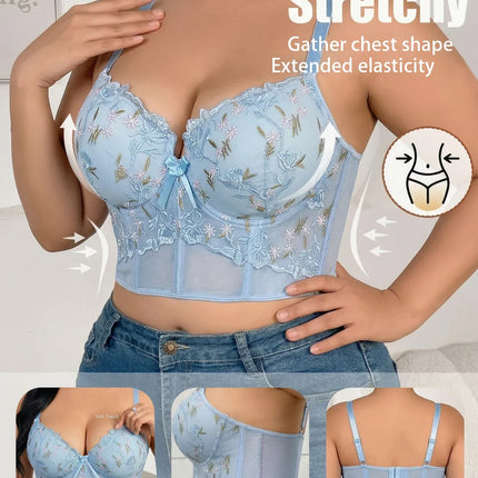 Women's Floral Embroidery Lace Push Up Bra With Underwire Longline Shaping Side Support Minimizer Comfortable Bra