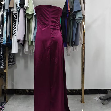 Elegant Strapless Solid Evening Gown Chic Satin Corset Dress for Women V-neck Split Blue Long Dress Lady Summer Party Dress up