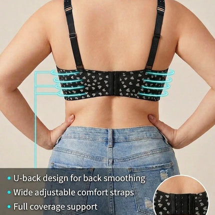 Plus Size Heart Pattern Women's Bra Stylish Push up Bra Rhinestones Adjustable Wide Straps Underwire Thin Cup Comfy Lingerie