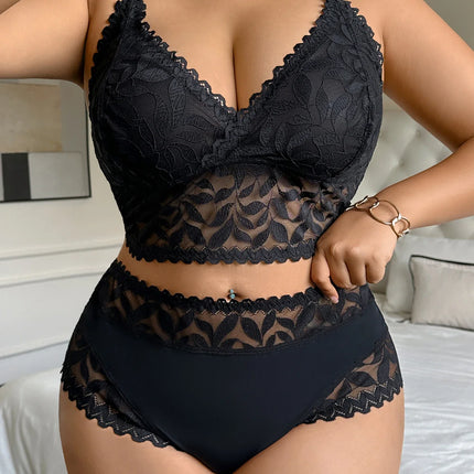 Women's Plus Size Sexy Lingerie Set Lace Floral Mesh Unlined Wireless Bra Breathable Sexy Lace Trim Panties 1Xl-4Xl