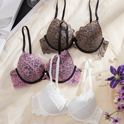 3PCS Daily Lace Trim Women's Underwear Set Rhinestone Push up Bra wite Underwire Soft & Stylish Female Slim Bra