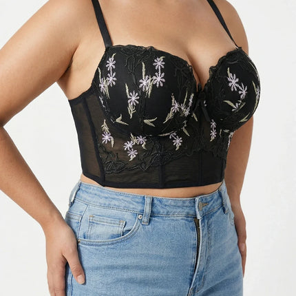 Women's Floral Embroidery Lace Push Up Bra With Underwire Longline Shaping Side Support Minimizer Comfortable Bra