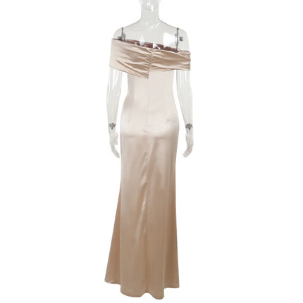 Elegant Satin Solid Color Off-Shoulder Women's Long Dress Sexy High-Waisted Flim Slit Pleated Dress for Lady Party Wedding