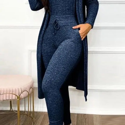 Two Piece Set Women Outfit 2023 Spring Fashion Drawstring Pocket Design U-Neck Sleeveless Skinny Jumpsuit & Long Sleeve Coat Set