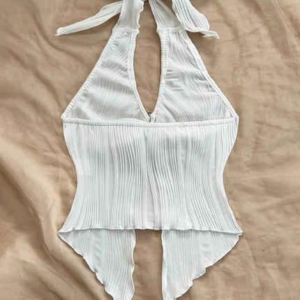 Sexy V-neck Halter Neck Crop Top for Women Summer Sleeveless Solid Split Backless Top Y2K Clothes
