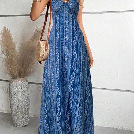 Women's Summer Ethnic Pattern Backless Split Thigh Dress Ladies Summer Clothes Boho Fashion Frill Trim Long Dress for Beach