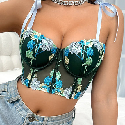1Pcs Women's Sexy Bra Mesh Bustier Crop Top Floral Embroidery Push up Bra Hollow Out Lace Ladies' Underwear