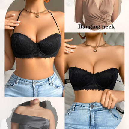 Silicone Pads Strapless Solid Color Sexy Lace Bras Fashionable Outfits Push up Detachable Straps Women's Bra