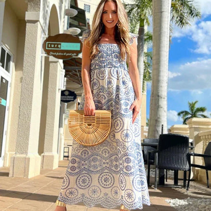 Blue Floral Embroidey Summer Beach Dress Women Casual Holiday Bohemian Dress Boho Sundress Maxi Long Vestidos Fashion Clothes