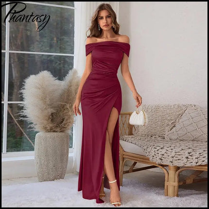 Elegant Satin Solid Color Off-Shoulder Women's Long Dress Sexy High-Waisted Flim Slit Pleated Dress for Lady Party Wedding