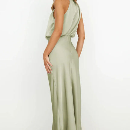 Foridol One Shoulder Turtleneck Tank Satin Women Party Dress Robe Zip Sleeveless Elegant Vintage Folds Women Clothing 2025