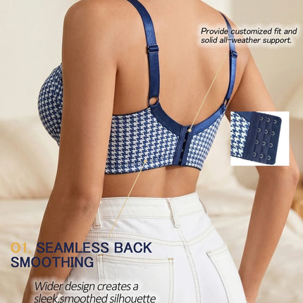 Women's Houndstooth Print Push-Up Bra Wide Elastic Straps Underwear Underwire Side Smoothing & Supportive Bra Women