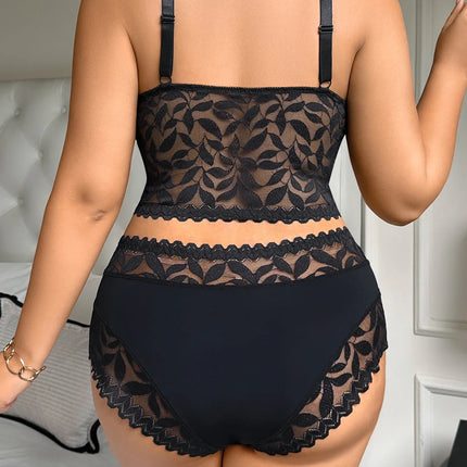 Women's Plus Size Sexy Lingerie Set Lace Floral Mesh Unlined Wireless Bra Breathable Sexy Lace Trim Panties 1Xl-4Xl