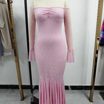 Elegant French Style Pink Long Dress Women Lace Long Sleeved Dress Evening Gown Party Wedding Dress up Lady Spring Summer Outfit